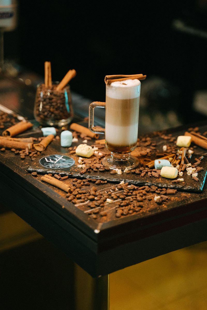 Rustic Fields coffee bar setup with cappuccino and warm premium details