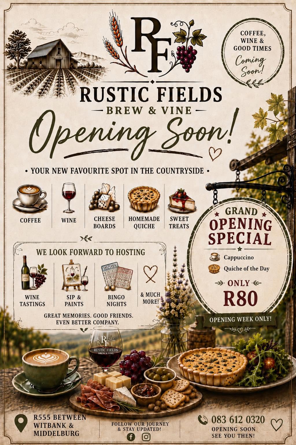 Rustic Fields Brew & Vine opening invitation poster